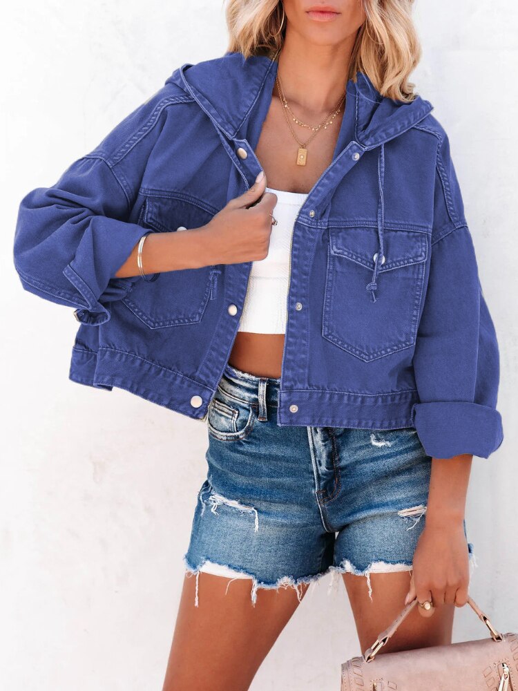 Women's Denim Jacket 2023 Autumn New Drawstring Hooded Loose Women's Coats Streetwear Tops Female Coat Winter Woman Clothing - - DYAVOR®
