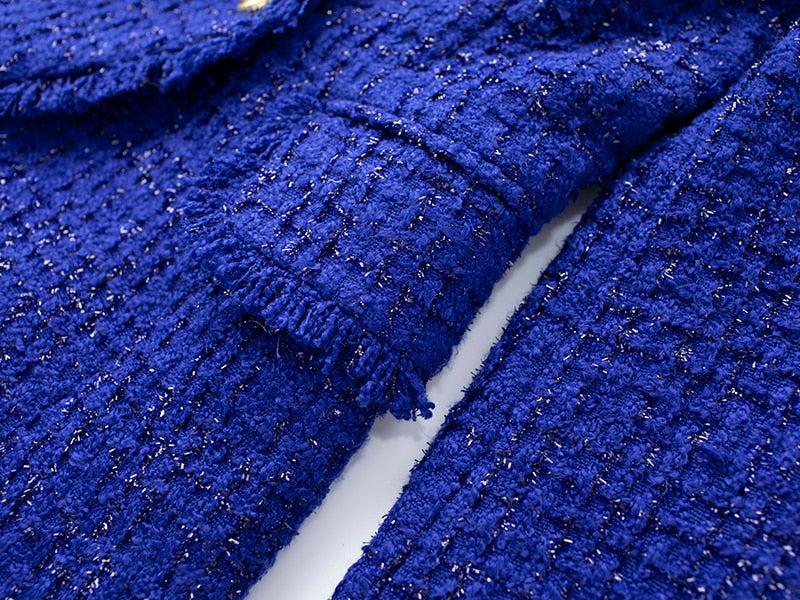 Double-breasted Tweed Blue Blazer - - DYAVOR®