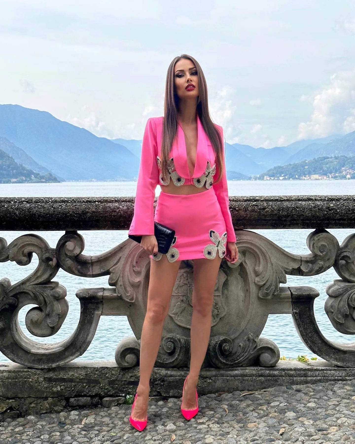 Pink Crop Suit with Rhinestone Butterflies - - DYAVOR®