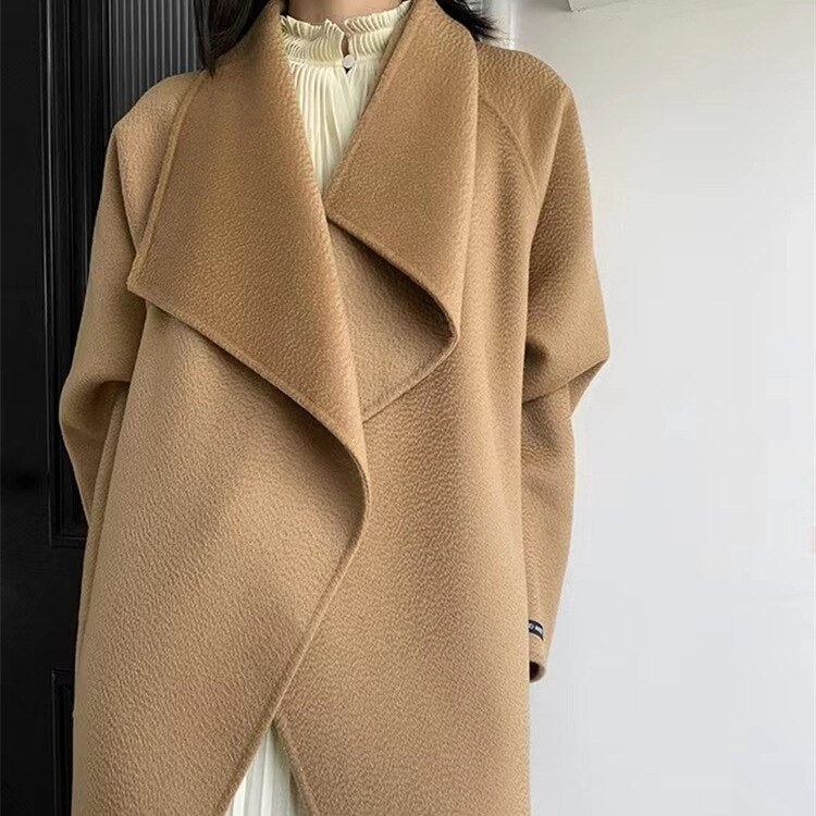Women Autumn Winter Double Faced Trench Coat for  Women's Wool Large Lapel Classic New Water Ripple Coats Jackets -  - DYAVOR®