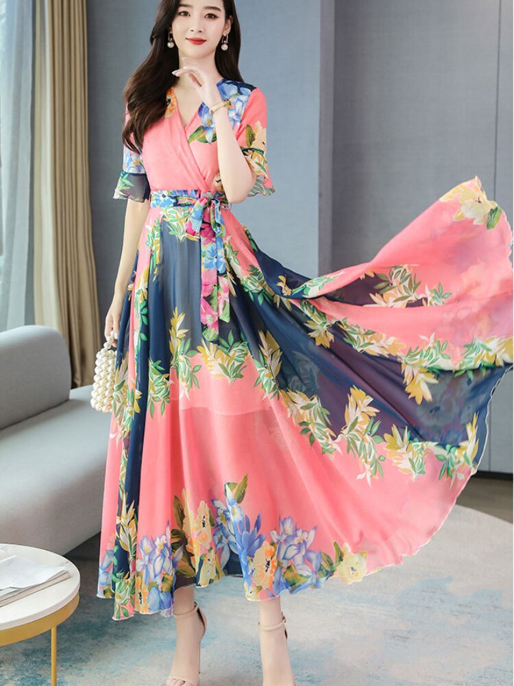 Dress for Women 2023 Summer New Fashion Chiffon Dress Printed Long Dresses Woman Clothing Temperament Elegant Women's Dresses - - DYAVOR®
