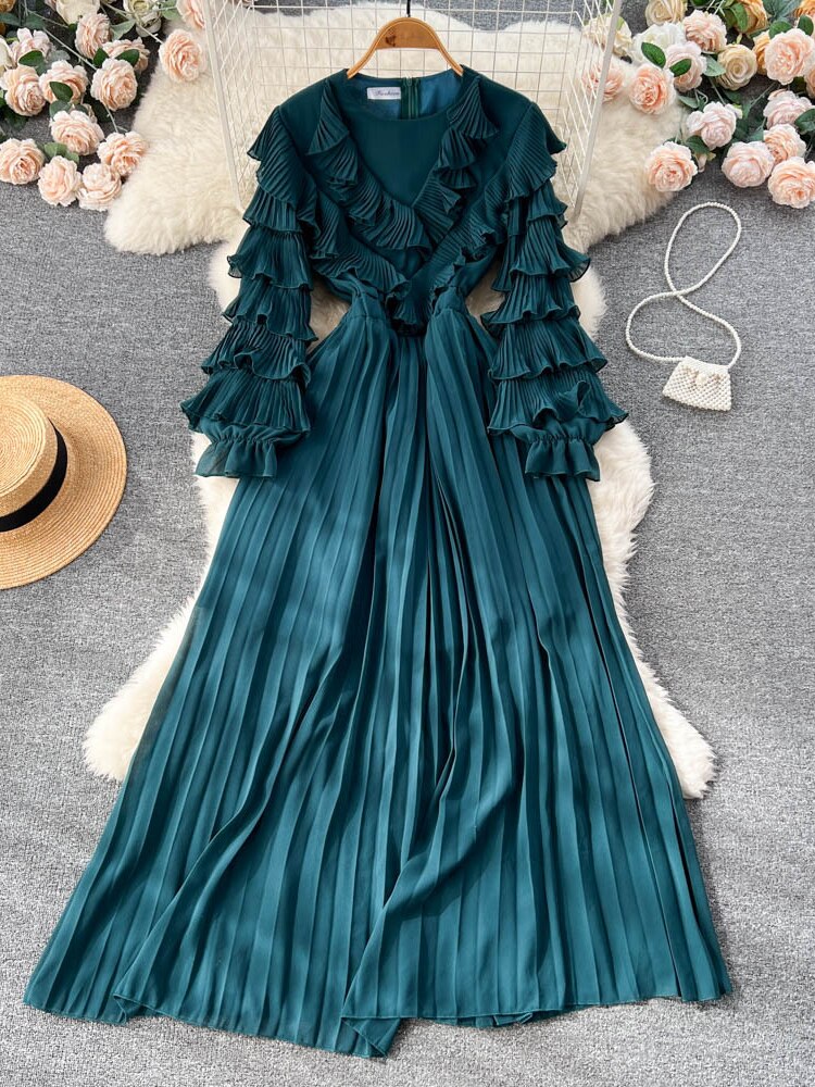 Party Dresses 2023 New V-neck Pleated Cake Sleeve Waist Long Skirt Fashion Sexy Dress Formal Occasion Dresses Woman Clothing - - DYAVOR®