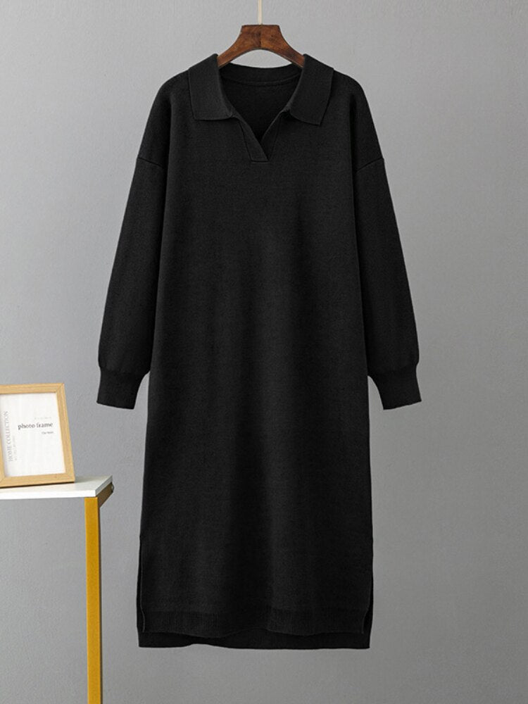 Long Dresses for Women Autumn Winter New Polo Neck Bottom Knit Sweater Loose Solid Color Ladies Dress Streetwear Female Clothing - - DYAVOR®