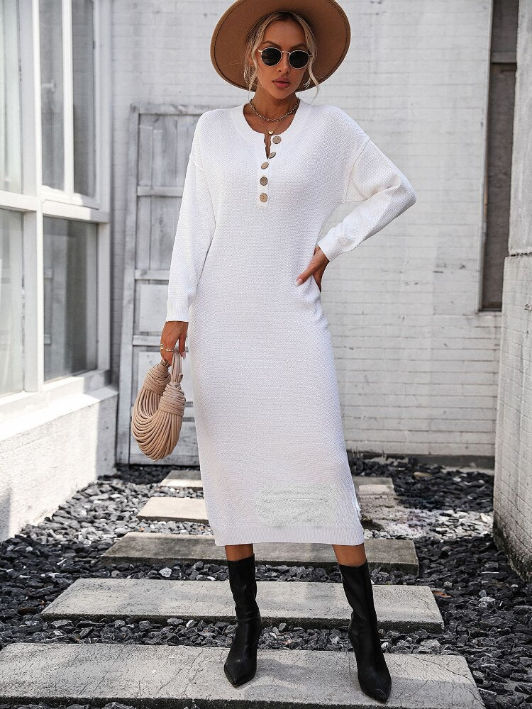 Loose Long Dresses New Button Knit Dress In Autumn Winter 2023 Fashion Temperament Commuter Women Sweater Streetwear White Dress - - DYAVOR®