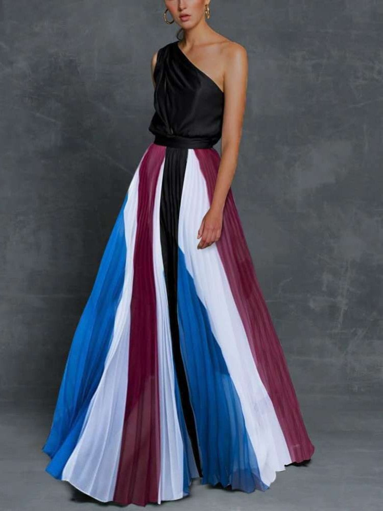 Spring Summer 2023 New Off-the-Shoulder Printed Sexy Dress Women Contrast Loose Spliced Long Dresses Formal Occasion Dresses - - DYAVOR®