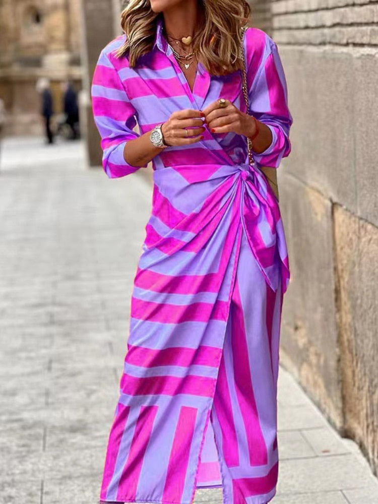 Spring Summer Fashion Print Dress Blouse Neck Tie Mid Length Striped Skirt Casual Comfortable Street Women's Wear Dresses Robe - - DYAVOR®