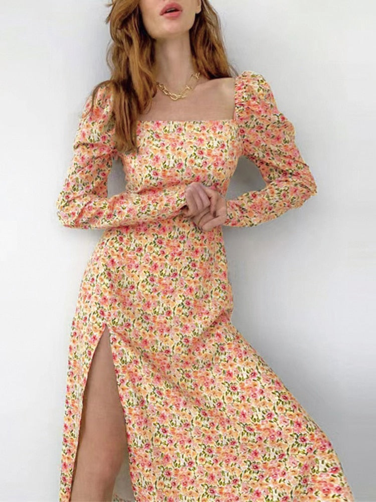 Clothes for Women Spring Summer 2023 New Long Sleeve Slit Sexy Dress Women Square Collar Floral Dresses Formal Occasion Dresses - - DYAVOR®