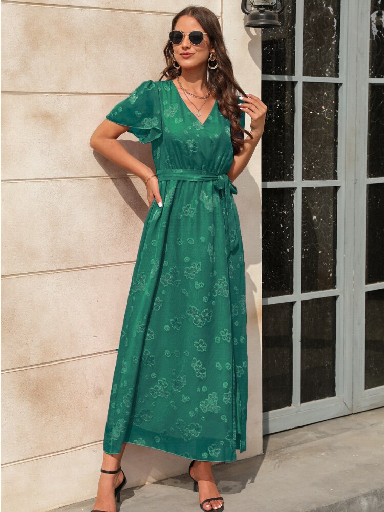 Elegant Party Dress for Women 2023 New In Dresses V-neck High Waist Strap Sexy Dress Jacquard Split Short Sleeve Long Dresses - - DYAVOR®