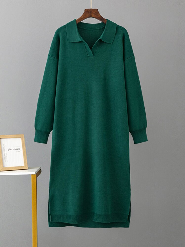 Long Dresses for Women Autumn Winter New Polo Neck Bottom Knit Sweater Loose Solid Color Ladies Dress Streetwear Female Clothing - - DYAVOR®
