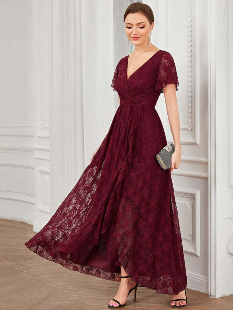 Elegant Party Dresses for Women 2023 New Lace Short Sleeve V-neck Evening Dress Irregular Wavy Dress Oversized Female Clothing - - DYAVOR®
