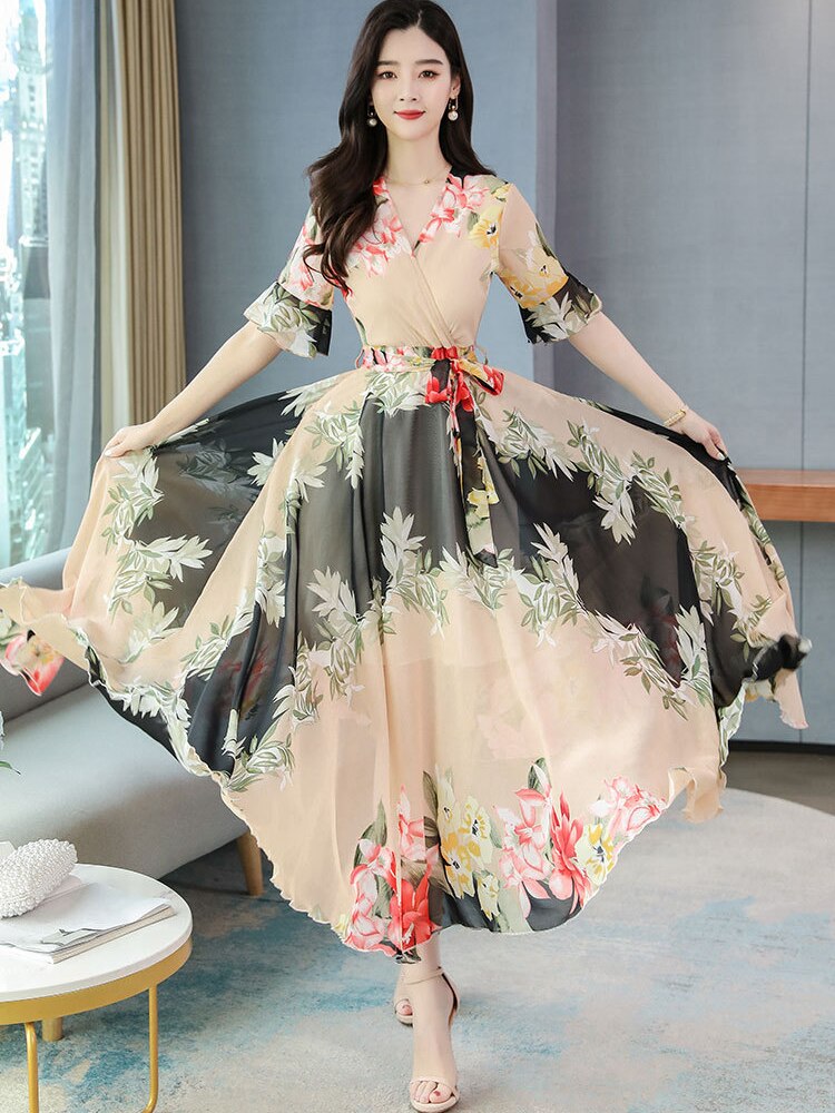 Dress for Women 2023 Summer New Fashion Chiffon Dress Printed Long Dresses Woman Clothing Temperament Elegant Women's Dresses - - DYAVOR®