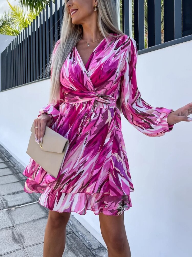 Summer Dress Woman 2023 Trendy New In Dresses V-neck Long-sleeved Dress Chiffon Printed Skirt Party Dresses Womens Clothing - - DYAVOR®