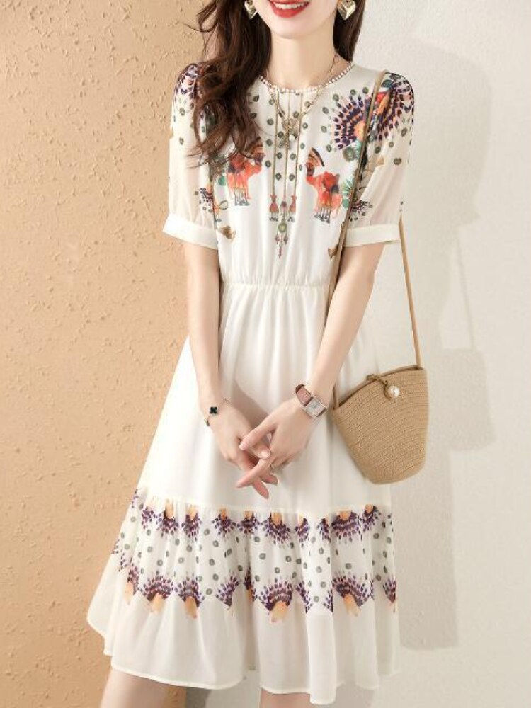 2022 Summer New White Chiffon Dress Gentle Wind Closing Waist Aging Long Skirt Super Fairy Mid Length Skirt Dresses for Women - - DYAVOR®