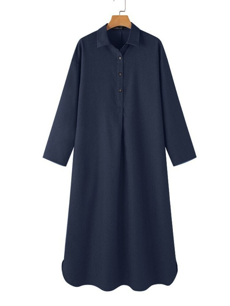 Dresses for Women 2023 Solid Color Lapel Long Sleeved Denim Dress Elegant Fashionable Oversize Loose Long Dresses Woman Clothing - - DYAVOR®