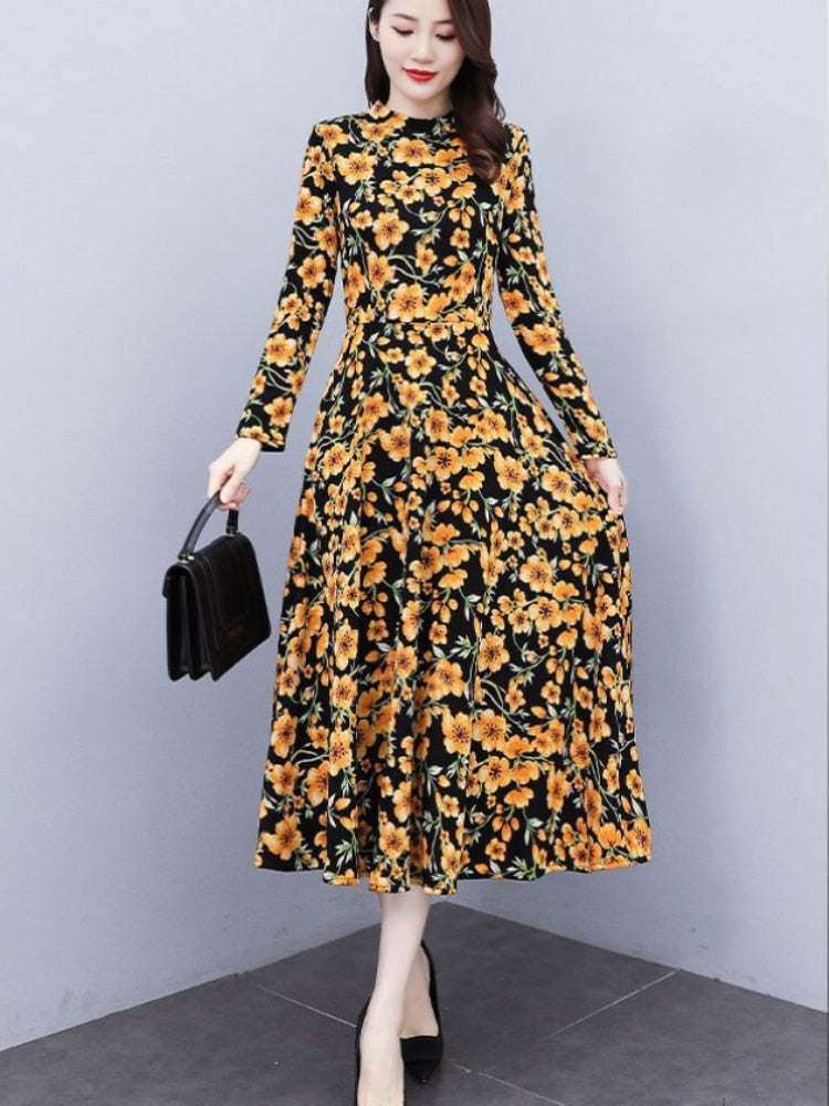 Spring Autumn New Korean Fashion Floral Long Sleeve Dresses Temperament Slim Mid Length Dress Oversize Woman Clothes Red Dress - - DYAVOR®