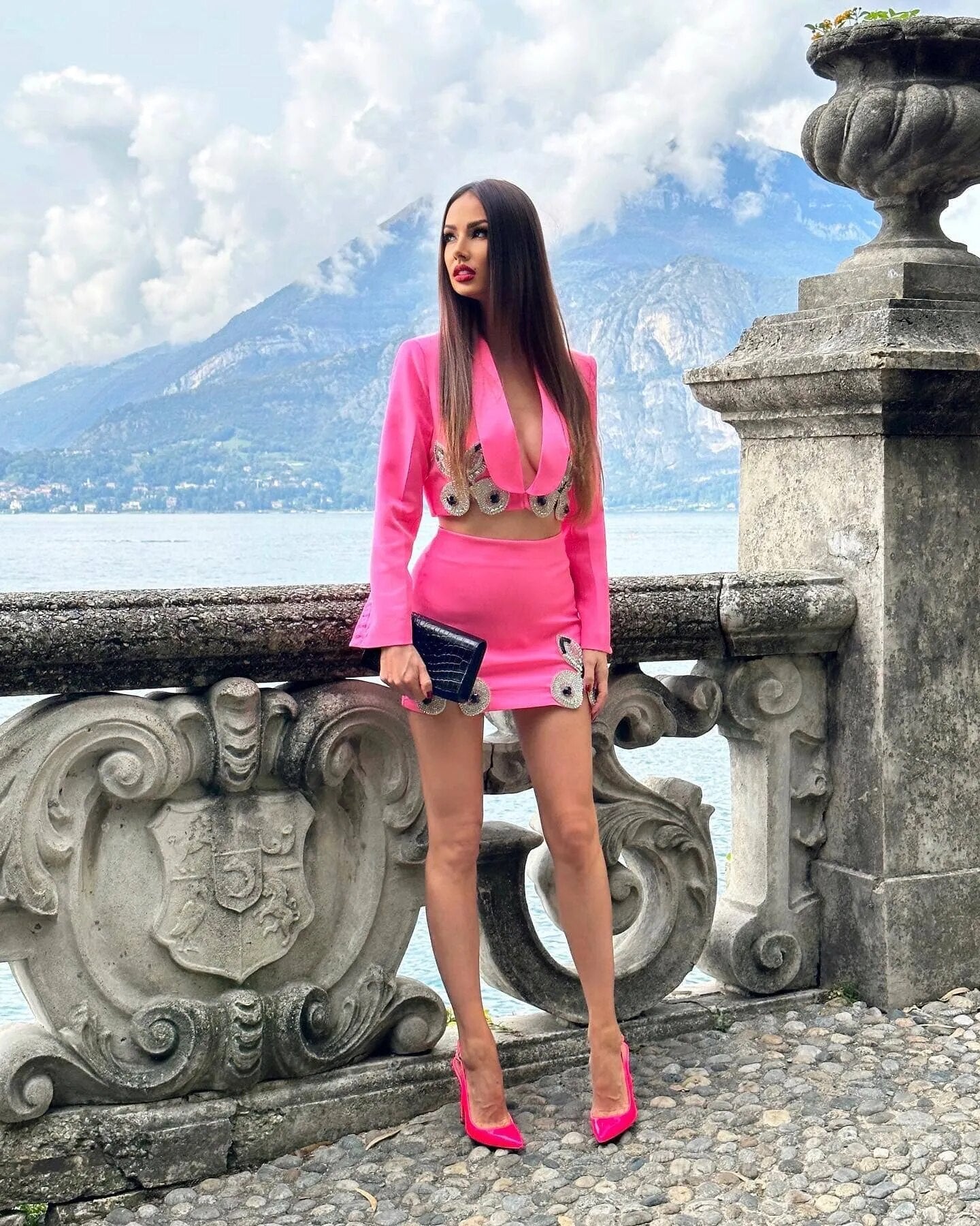 Pink Crop Suit with Rhinestone Butterflies - - DYAVOR®
