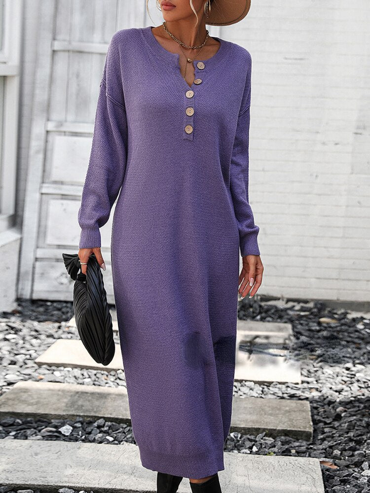 Loose Long Dresses New Button Knit Dress In Autumn Winter 2023 Fashion Temperament Commuter Women Sweater Streetwear White Dress - - DYAVOR®