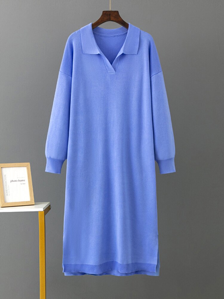 Long Dresses for Women Autumn Winter New Polo Neck Bottom Knit Sweater Loose Solid Color Ladies Dress Streetwear Female Clothing - - DYAVOR®