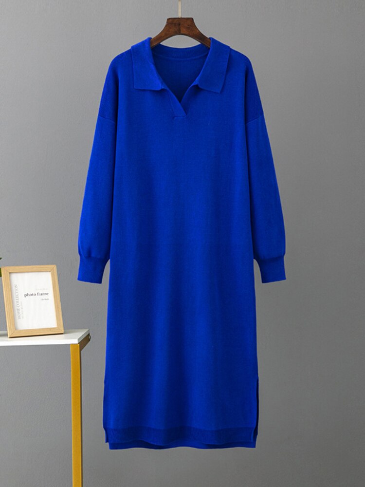 Long Dresses for Women Autumn Winter New Polo Neck Bottom Knit Sweater Loose Solid Color Ladies Dress Streetwear Female Clothing - - DYAVOR®