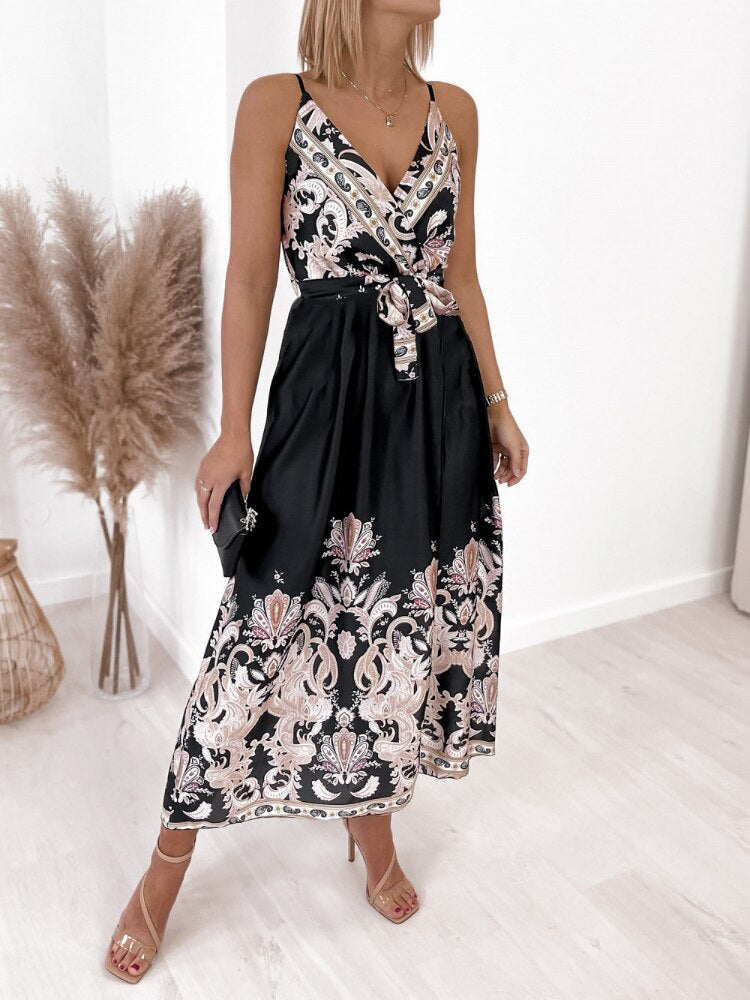 Dresses for Womens 2023 Summer New Printed Split Sexy Dress Fashion V-neck Suspender Long Dress Party Dresses Woman Clothing - - DYAVOR®