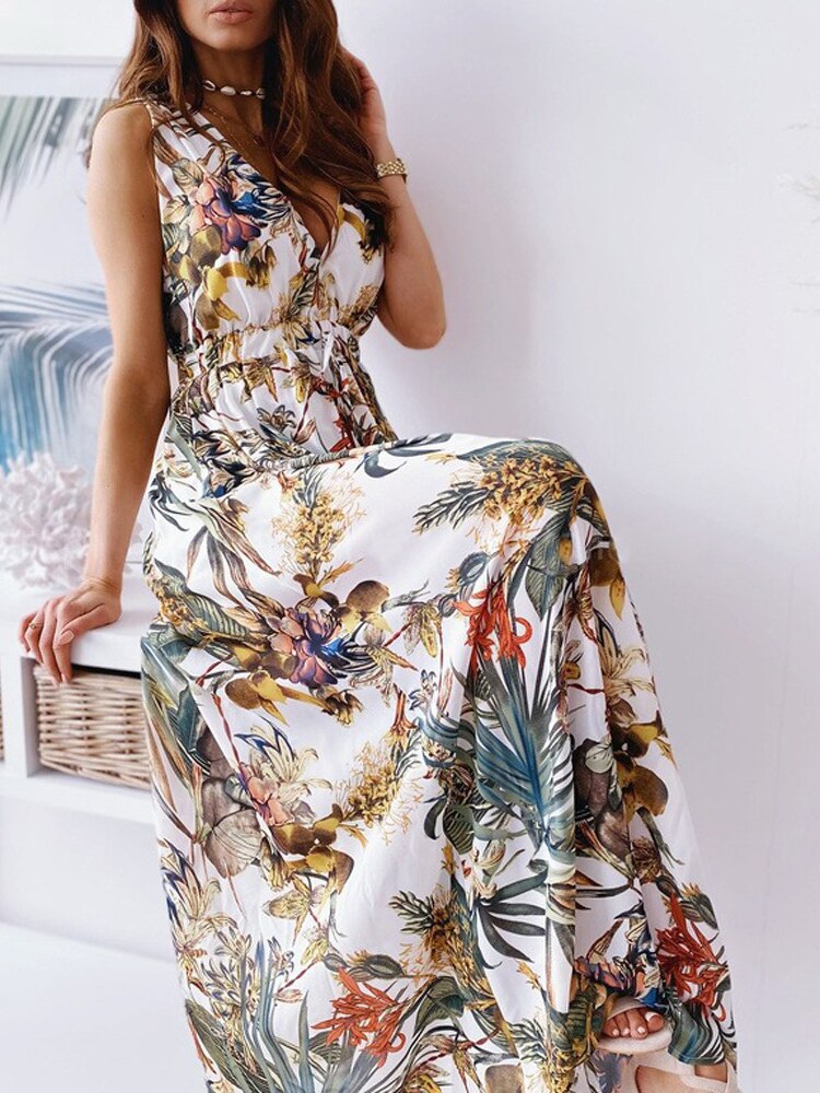 Dresses Summer New Fashion Temperament Long Skirt Beach Style Backless V-neck Printed Bandage Waist Closed Casual Women's Dress - - DYAVOR®