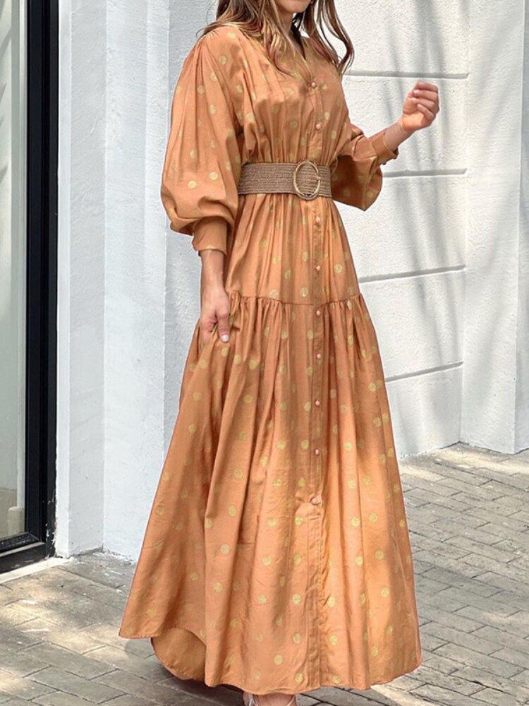 Spring Summer Loose Dress Women's Stand Collar Belt Polka Dot Printed Long Skirt Fashion Casual Street Women Dress Dresses Robe - - DYAVOR®