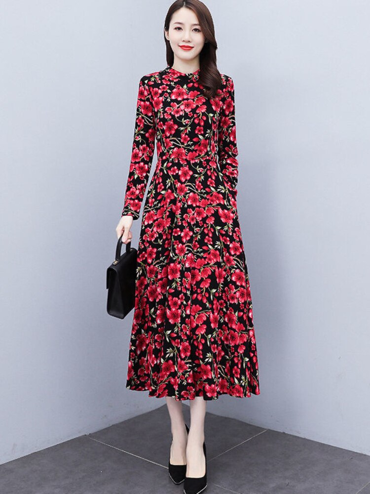 Spring Autumn New Korean Fashion Floral Long Sleeve Dresses Temperament Slim Mid Length Dress Oversize Woman Clothes Red Dress - - DYAVOR®