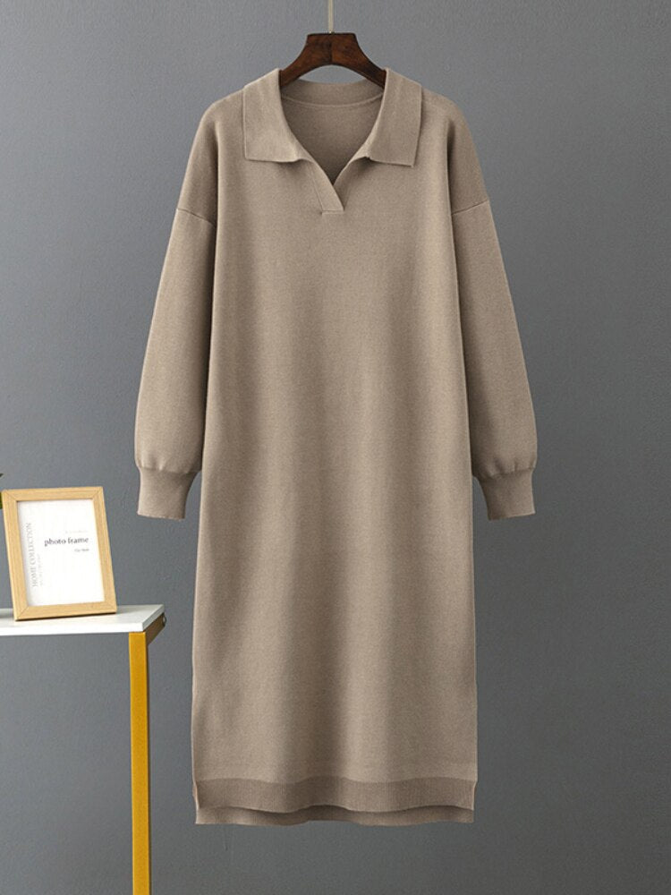 Long Dresses for Women Autumn Winter New Polo Neck Bottom Knit Sweater Loose Solid Color Ladies Dress Streetwear Female Clothing - - DYAVOR®