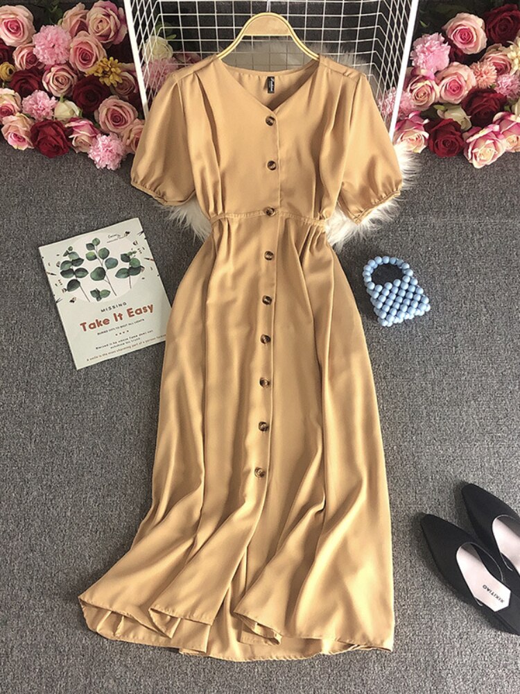 Female Clothing New Korean Version Loose Short Sleeve Dress with Waist Wrapped Cardigan Style Long Dress Formal Occasion Dresses - - DYAVOR®