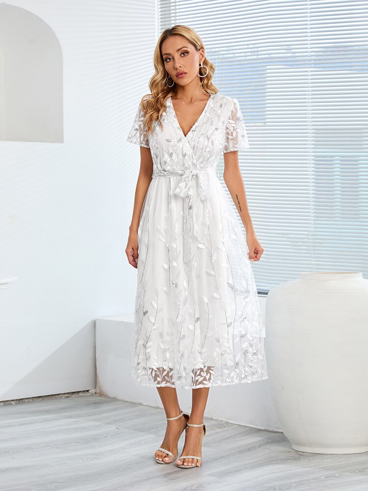 Elegant Party Dress for Women 2023 Summer New Slim Dress Embroidered Sequin Mesh Dress Formal Occasion Dresses Woman Clothing - - DYAVOR®