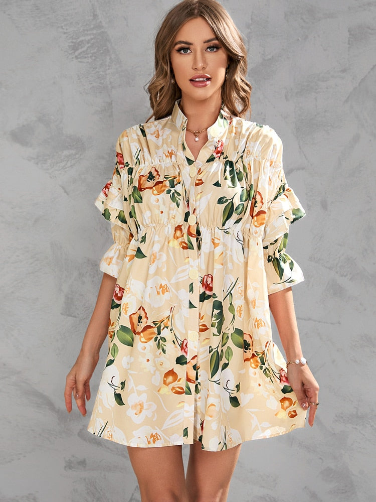 2022 Summer Single Breasted Dress Comfortable Printed V-neckline Dress Fashion Temperament Commuter Women's Wear Dresses Women - - DYAVOR®