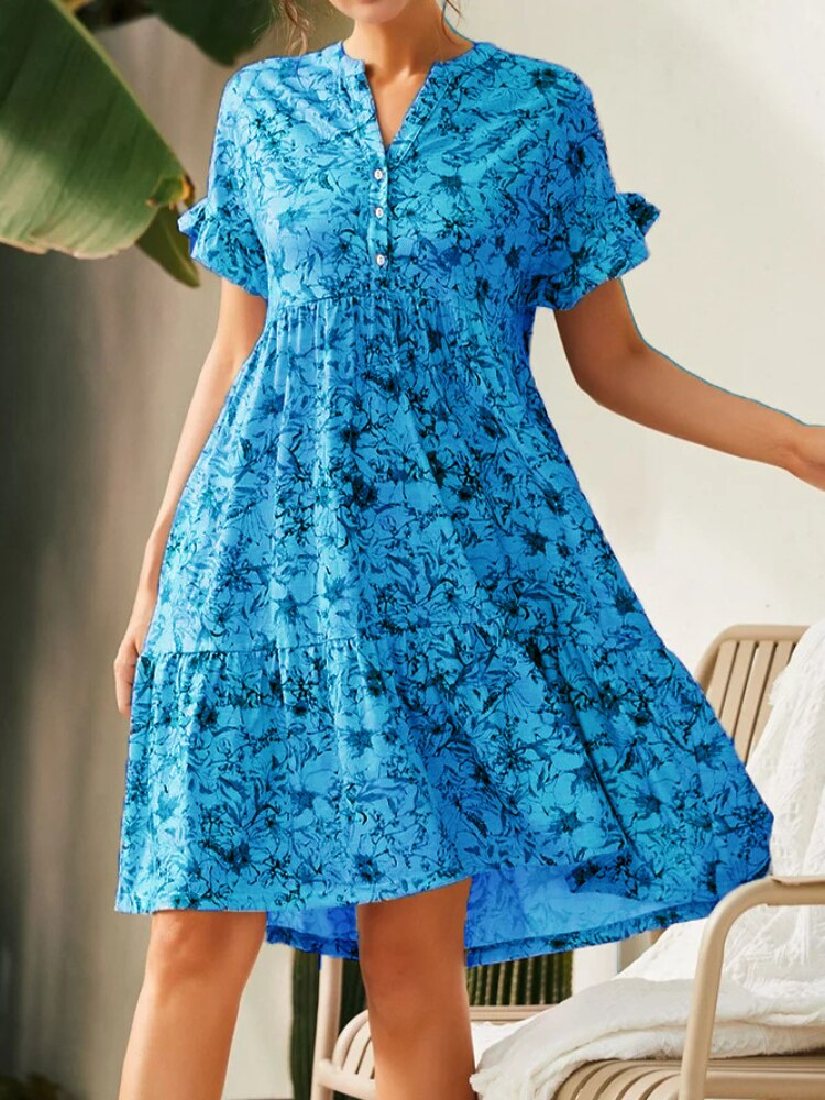 Dresses for Women 2023 Summer New V-neck Button Print Dress Women's Short Sleeves Loose Short Dresses Streetwear Woman Clothing - - DYAVOR®