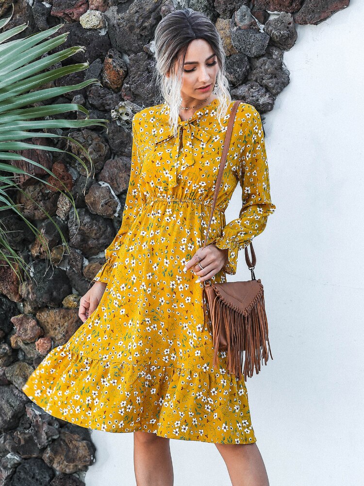 Women Clothing New Bow Long Sleeve Dress for Spring Summer Fashion Print Lacy Long Skirt Casual Resort Womenswear Womens Dresses - - DYAVOR®