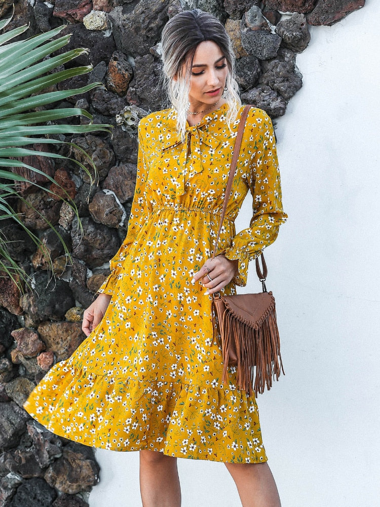 Women Clothing New Bow Long Sleeve Dress for Spring Summer Fashion Print Lacy Long Skirt Casual Resort Womenswear Womens Dresses - - DYAVOR®