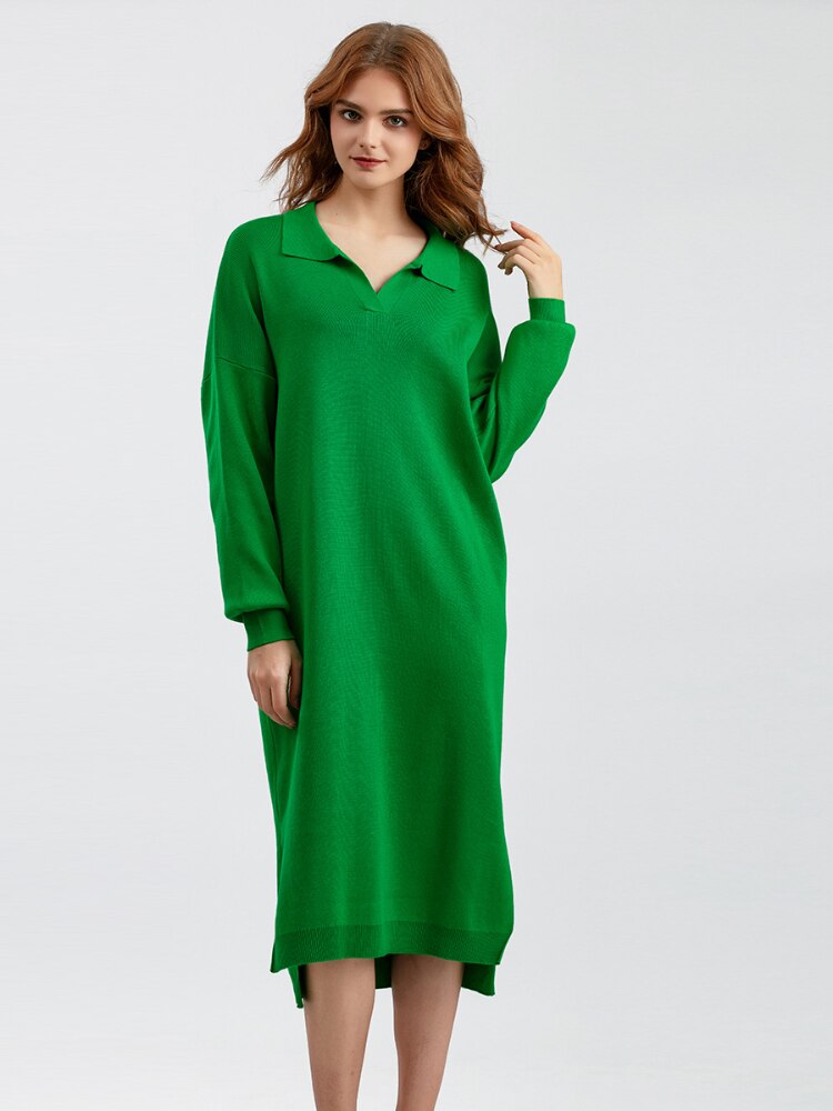 Long Dresses for Women Autumn Winter New Polo Neck Bottom Knit Sweater Loose Solid Color Ladies Dress Streetwear Female Clothing - - DYAVOR®