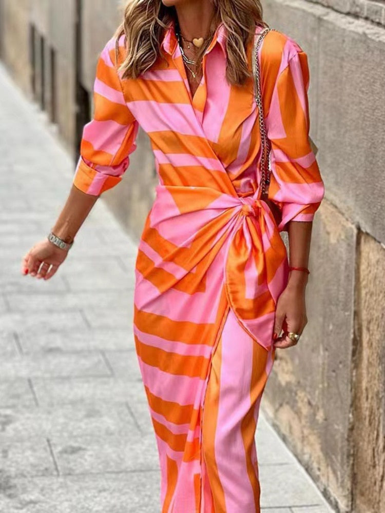Spring Summer Fashion Print Dress Blouse Neck Tie Mid Length Striped Skirt Casual Comfortable Street Women's Wear Dresses Robe - - DYAVOR®