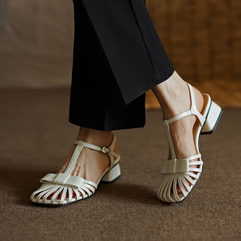 Shallow Rome Thick Med Heels Shoes Buckle Strap Genuine Leather Sandals - - DYAVOR®