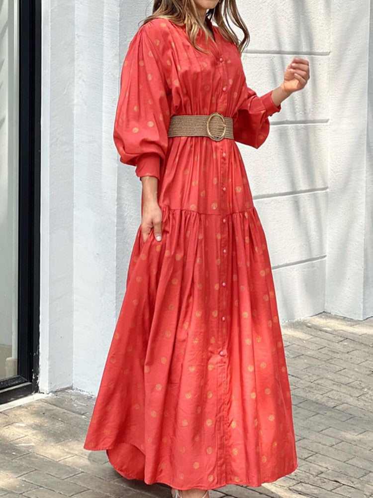 Spring Summer Loose Dress Women's Stand Collar Belt Polka Dot Printed Long Skirt Fashion Casual Street Women Dress Dresses Robe - - DYAVOR®