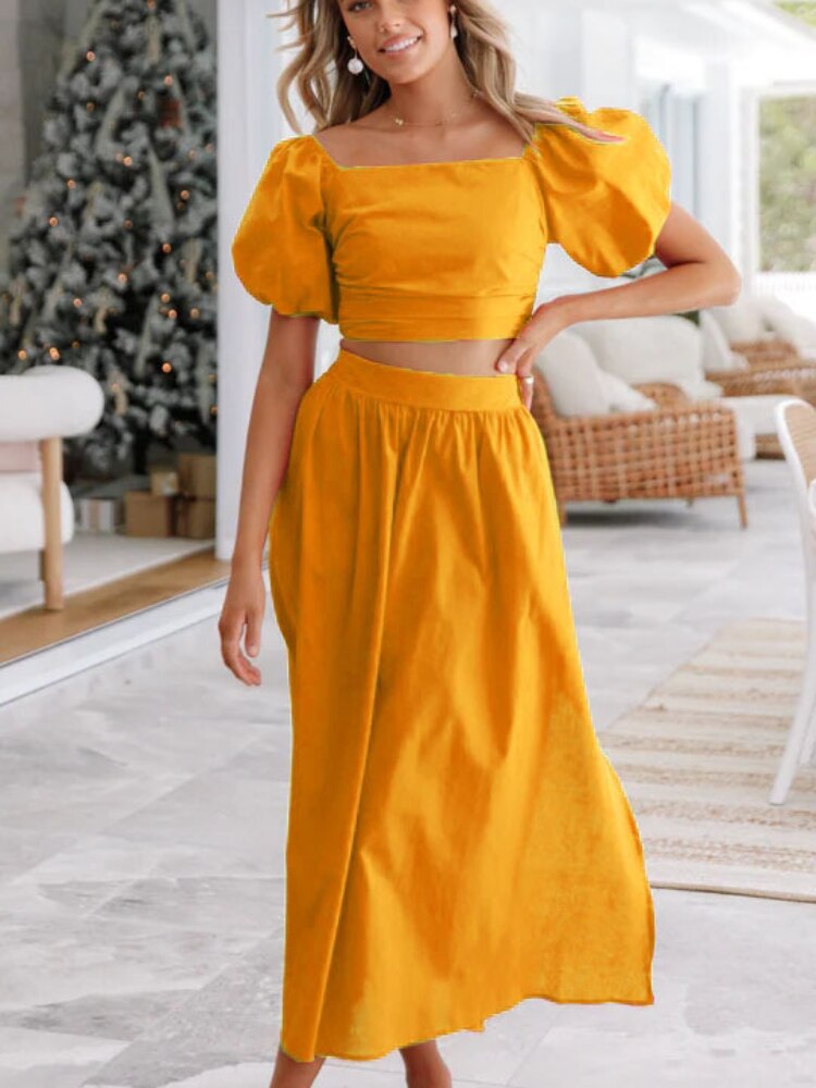 Summer Set for Women 2 Pieces 2023 New Lantern Sleeve Collar Top Split Sexy Dress Two-piece Set Elegant Women's Sets Dresses - - DYAVOR®