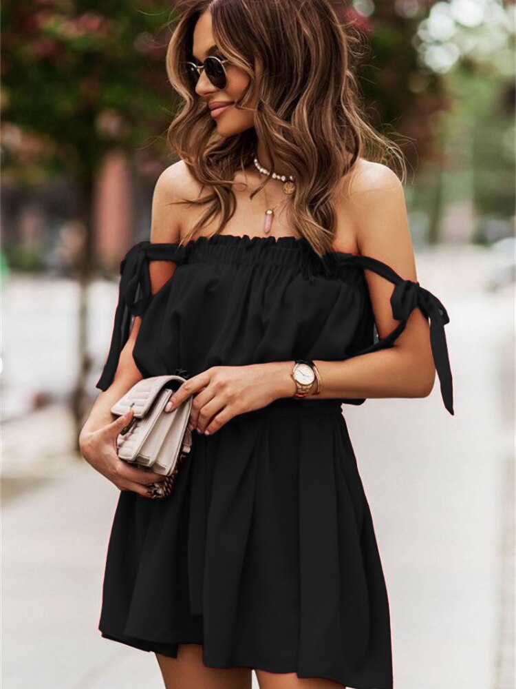 2022 Summer New Suspender Solid Color Dress Women's Various Wearing Sexy Backless Skirt Slash Neck Spaghetti Strap Dresses - - DYAVOR®