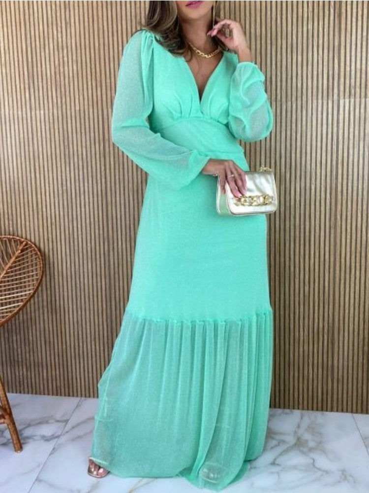 Elegant Party Dresses for Women 2023 New Solid Cut Out Sexy Dress Fashion Long Sleeve Deep V Dress Long Dresses Female Clothing - - DYAVOR®
