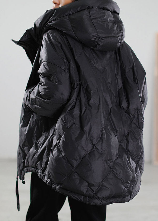 Simple Black Zip Up drawstring Duck Down Down Coat Winter - Down Jackets - DYAVOR®