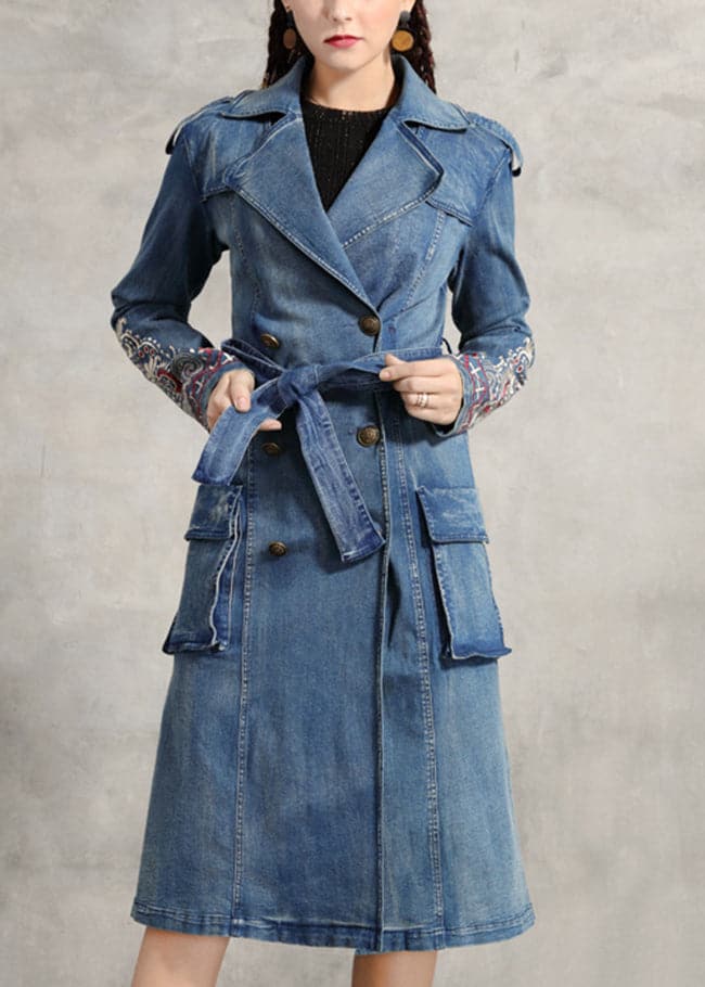 Simple Blue Peter Pan Collar Pockets Embroideried double breast Sashes Cotton Denim trench coats Spring - Trench coats - DYAVOR®