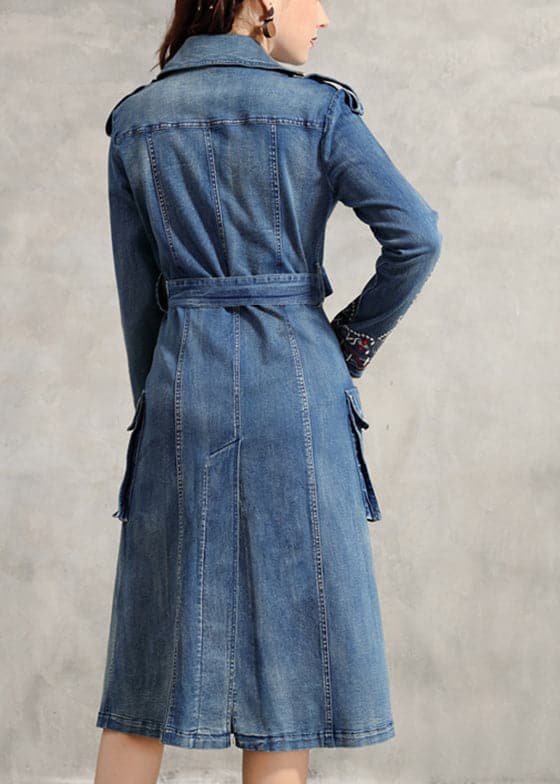 Simple Blue Peter Pan Collar Pockets Embroideried double breast Sashes Cotton Denim trench coats Spring - Trench coats - DYAVOR®