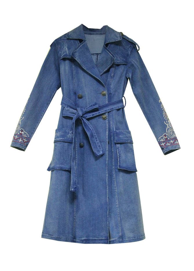 Simple Blue Peter Pan Collar Pockets Embroideried double breast Sashes Cotton Denim trench coats Spring - Trench coats - DYAVOR®