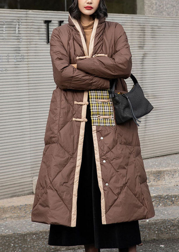Simple Brown Patchwork Oriental Button Duck Down Puffer Outwear Winter - Down Jackets - DYAVOR®