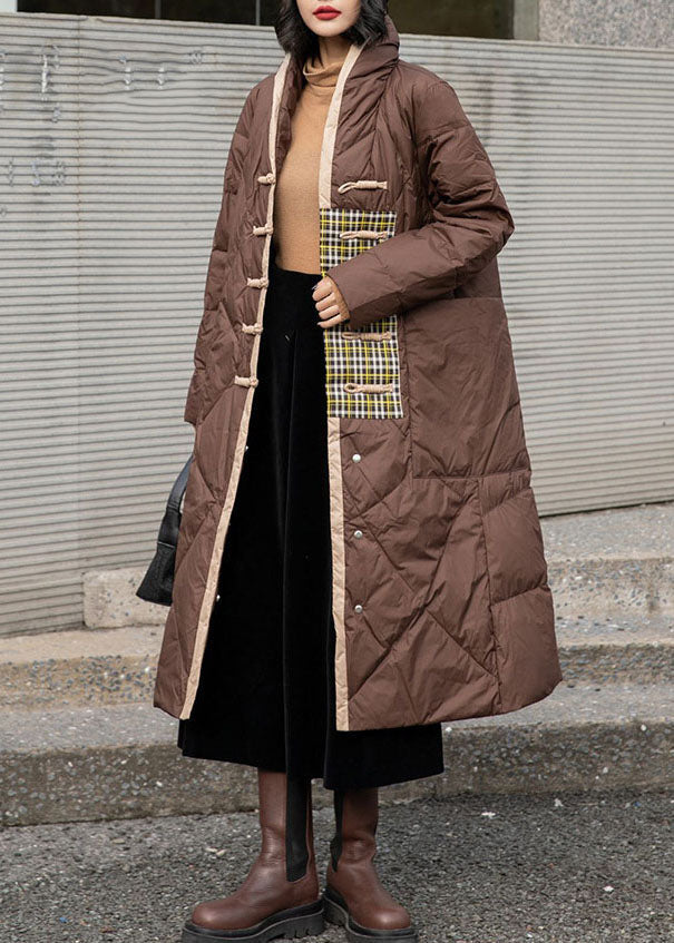 Simple Brown Patchwork Oriental Button Duck Down Puffer Outwear Winter - Down Jackets - DYAVOR®