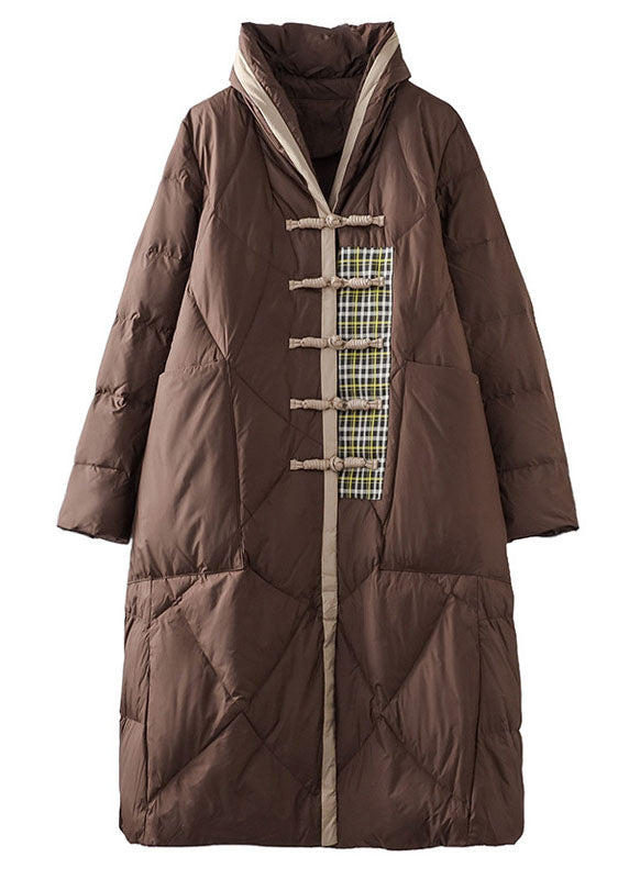 Simple Brown Patchwork Oriental Button Duck Down Puffer Outwear Winter - Down Jackets - DYAVOR®
