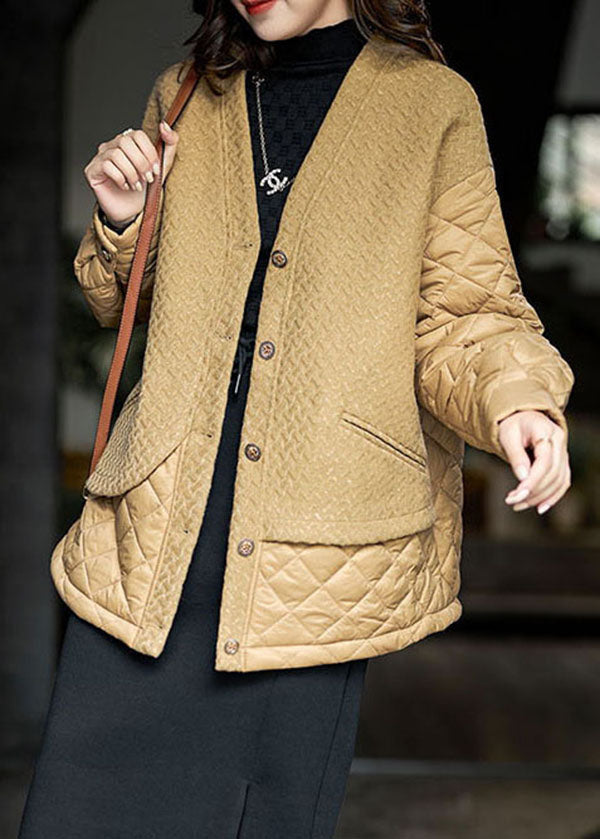Simple Khaki V Neck Patchwork Fine Cotton Filled Women Witner Coats - Down Jackets - DYAVOR®