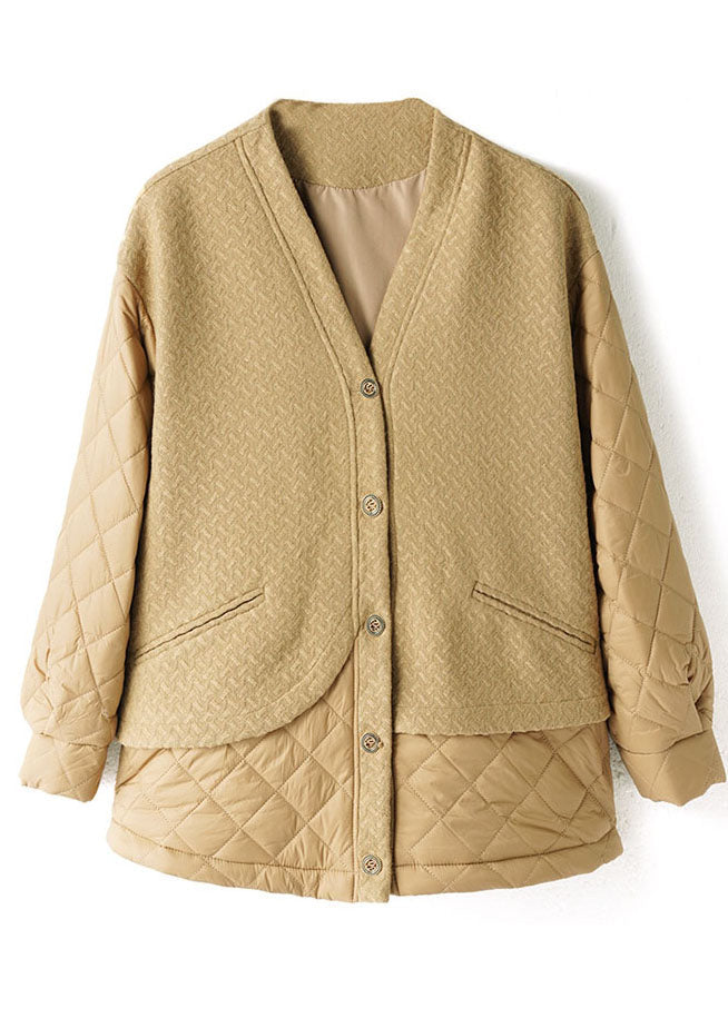 Simple Khaki V Neck Patchwork Fine Cotton Filled Women Witner Coats - Down Jackets - DYAVOR®